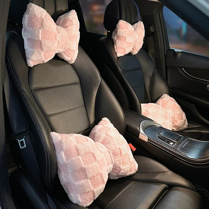 2023 Pink Bow Car Headrest Fashion Creative Plush Plaid Car Interior Ornaments - £18.05 GBP+