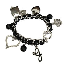 Guess Silver Tone &amp; Black Chain Link Charm Bracelet w/ Rhinestones - £13.19 GBP