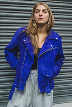 Womens Suede Leather Jacket Navy Blue Biker Motorcycle Size S M L XL XXL 3XL - £116.40 GBP+