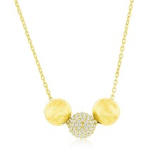 Sterling Silver Triple Bead, Matte &amp; CZ Necklace - Gold Plated - £46.46 GBP