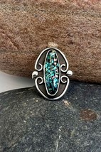 Vintage Navajo Handmade Sterling Silver Crushed Turquoise Copper Inlay Ring 7.5 - £32.04 GBP