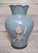 Vintage Blue Gray Reverse Painted Ruffled Top Glass Floral Flower Vase P... - $14.24