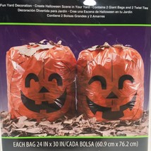 Set of 2 Pumpkin Leaf Bags 24&quot;X30&quot; Twist Ties Halloween Scene Fun Yard Decoratio - £10.37 GBP