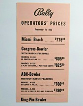 Bally Operators Prices List Arcade Game &amp; Bingo Pinball Sept 10 1955 Miami Beach - £13.19 GBP