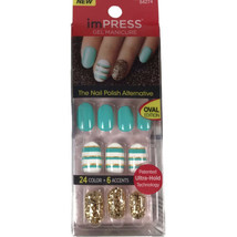 NEW Kiss Nails Impress Press On Manicure Short Gel Oval Teal White Gold Striped - £8.72 GBP