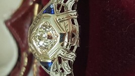  Deco 18K WG Filigree  Ring: .61ct Old European Cut  Diamond &amp; Sapphire ... - £1,303.22 GBP