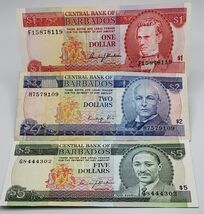Barbados Banknote Set ~ $1 1973 P-29  / $2 1986 P-36  /  $5 1973 p-32 - $14.84