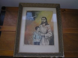 Vintage Signed &amp; Numbered Colored Wood Block Print of Jesus &amp; Boy in Gil... - £11.18 GBP