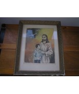 Vintage Signed &amp; Numbered Colored Wood Block Print of Jesus &amp; Boy in Gil... - £10.59 GBP