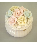   Glass Basket Trinket Box with Porcelain Flowers  Non- Hinged Lid - £13.42 GBP