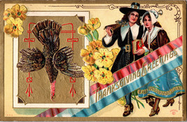 Thanksgiving Greetings Pilgrim Couple Vintage postcard embossed PM 1910 - £5.88 GBP