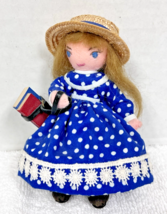 Handmade Miniature Figurine Schoolgirl Doll Blue White Dress Books Straw... - $28.22