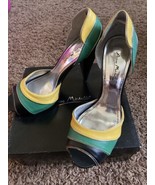 ANNE MICHELLE BLACK GREEN YELLOWPLATFORM 5 INCH PUMP PEEP TOE HEEL SHOES... - $39.60