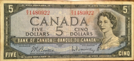 1954 BANK OF CANADA FIVE DOLLARS 5$ BANK NOTE - £26.03 GBP