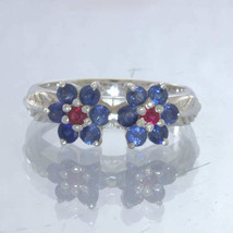 Blue Red Sapphire Flower 925 Silver Ladies Ring Size 7.25 Floral Leaf Design 393 - £90.35 GBP