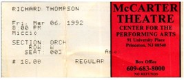 Richard Thompson Ticket Stub March 6 1992 PRINCETON Neuf Maillot - £27.30 GBP