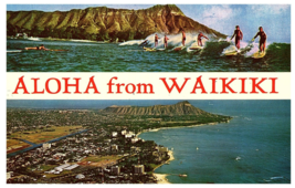 Aloha from Waikiki Split View Surfing Hawaii Postcard 1969 - £7.82 GBP