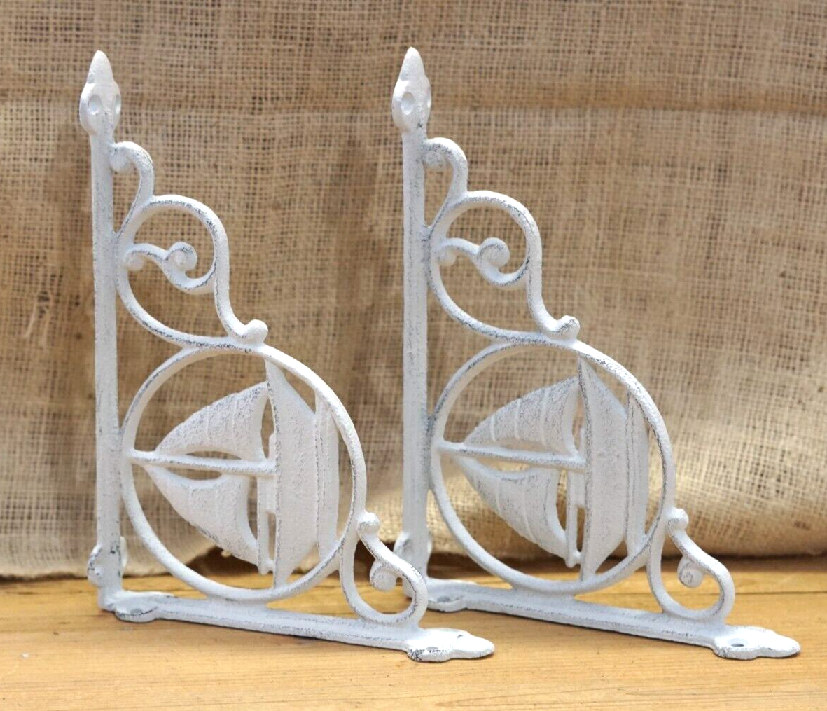 2 CAST IRON WHITE SAIL BOAT NAUTICAL BRACKETS GARDEN BRACES SHELF CORBEL... - $23.49
