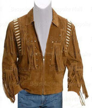 Handmade New Men Brown American Western Tussle Fringes Suede Leather Jacket-55 - £150.02 GBP