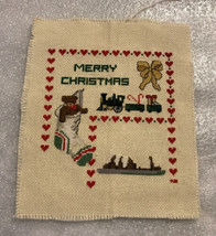 Vtg Mostly Completed Merry Christmas Cross Stitch Sampler 6 1/2&quot; x 7 1/2&quot; Train - £13.25 GBP
