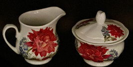 Sugar &amp; Creamer Set Colorful Lidded Stoneware Red Blue Flowers - £14.67 GBP