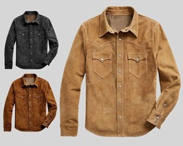 Veste de camionneur en cuir suédé 100 % véritable pour hommes, chemise... - £54.02 GBP+