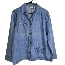 Denim Button Up Embroidered Shirt Jean Collar Vintage Medium 10 12 - $13.10