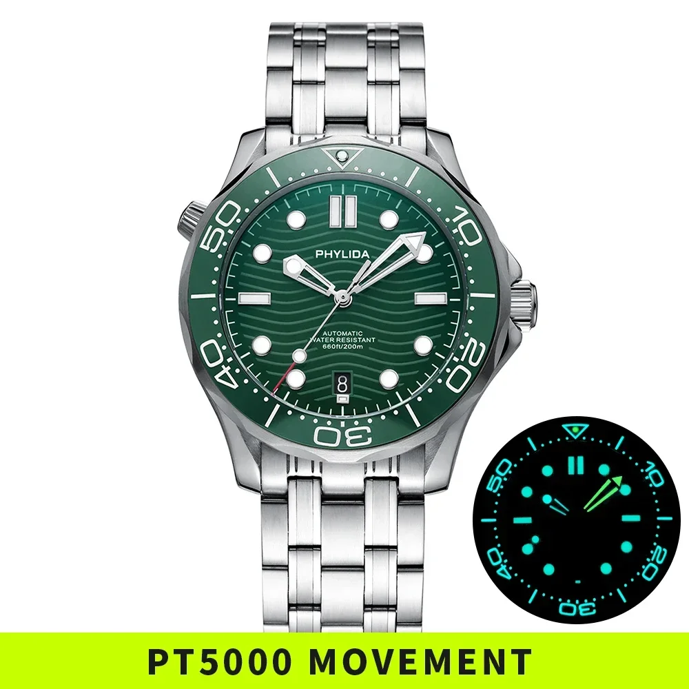 New Green Dial PT5000 MIYOTA Automatic Watch DIVER 200M Sapphire Crystal Solid B - £259.91 GBP