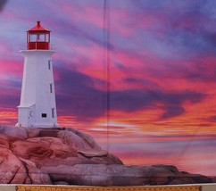 37&quot; X 44&quot; Panel Maritime Lighthouse Sunrise Purple Cotton Fabric Panel D388.67 - £10.47 GBP