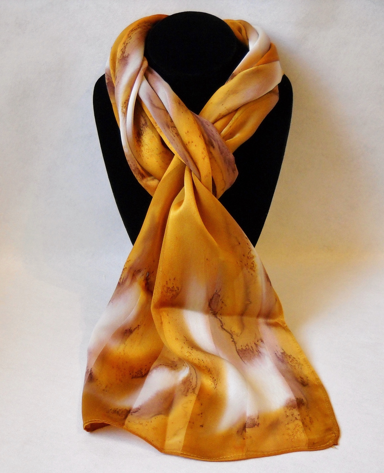 Primary image for Hand Painted Silk Scarf Gold White Womens Unique Oblong Head Hair Neck Scarves