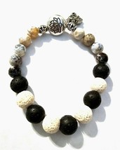 Unique Black and White Lava Stone Bracelet with Fire Agate Stones - £8.22 GBP