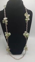 JEWELRY Vtg Necklace Silvertone Bead Clear, Green Crystal and Pearl 34&quot; Adjust. - £7.78 GBP