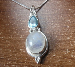 Moonstone and Faceted Blue Topaz 925 Sterling Silver Pendant 698r - £10.84 GBP