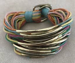 Multicolored Layered Stacking Fabric Rainbow Yarn Goldtone Brass Metal B... - £10.34 GBP