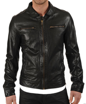 Men&#39;s Genuine Lambskin Leather Jacket Black Slim fit Motorcycle jacket - MJ097 - £91.86 GBP