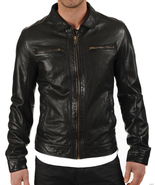 Men&#39;s Genuine Lambskin Leather Jacket Black Slim fit Motorcycle jacket -... - £92.01 GBP