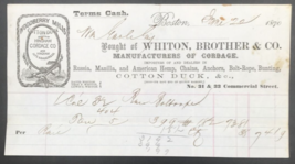 1870 Woodberry Mills Cotton Duck Hingham Cordage Billhead Boston MA Whiton Bros - £21.66 GBP