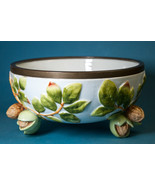 Musterschutz Porcelain Bowl w 3 Walnut Feet 8-3/8&quot; Art Pottery Metal Rim - $2,375.85 MXN