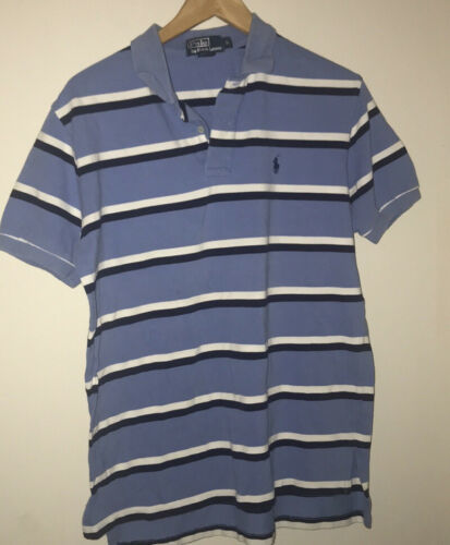 Vintage Polo Ralph Lauren Blue Striped Rugby Tee T Shirt Sz M Medium - £10.07 GBP