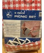 Vintage Egret Picnic Table 9 Piece Cover Red Gingham Check Tablecloth Vi... - €42,49 EUR