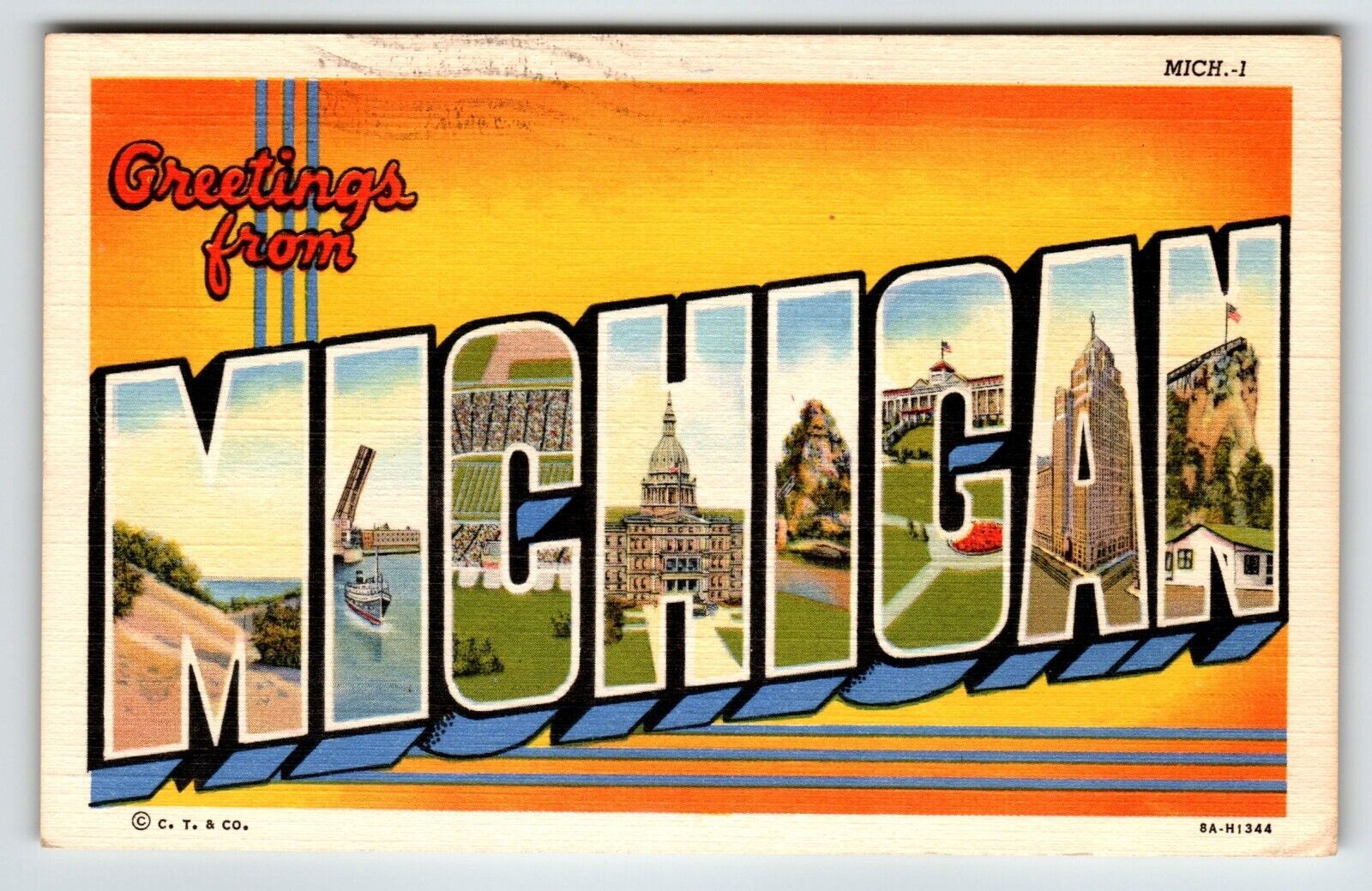 Greetings From Michigan Large Big Letter Postcard Linen Curt Teich 1950s Vintage - £6.36 GBP