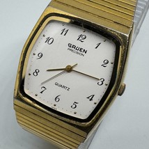 Vintage Gruen Quartz Watch Men Gold Tone Barrel White Dial Analog New Battery - £22.56 GBP