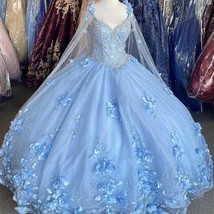 Light Sky Blue Ball Gown Quinceanera Dresses Bridal Gowns With Cape Sleeve Sweet - £315.18 GBP