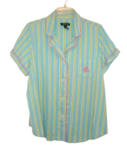 Ralph Lauren 1X Pajama Top Shirt 100% Cotton Blue Green Stripe w Pink Logo - £12.79 GBP