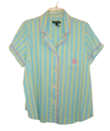 Ralph Lauren 1X Pajama Top Shirt 100% Cotton Blue Green Stripe w Pink Logo - £12.75 GBP