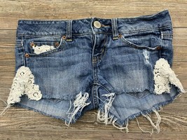 American Eagle Jean Shorts Size 0 Shortie &quot;Live Your Life&quot; Blue Lace Stretchy  - £11.19 GBP