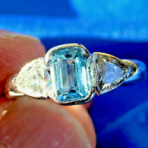 Earth mined Aquamarine Diamond Engagement Ring Deco Style 18k Gold Solit... - £1,973.04 GBP