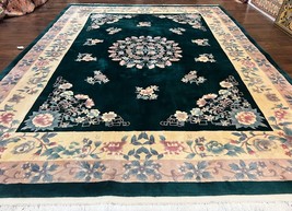 Chinese Art Deco Rug 9x12 Wool Handmade Vintage Carpet Dark Green Cream 90 Line - £1,818.01 GBP