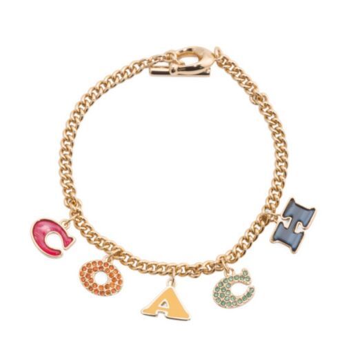 COACH Pavé Crystal Enamel Logo Charm Signature Letters Bracelet Gold Tone Coach - $56.06