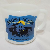 Amish Acres Coffee Mug 8 oz Cup Milk Glass Nappanee Indiana USA Blue Black White - £11.95 GBP